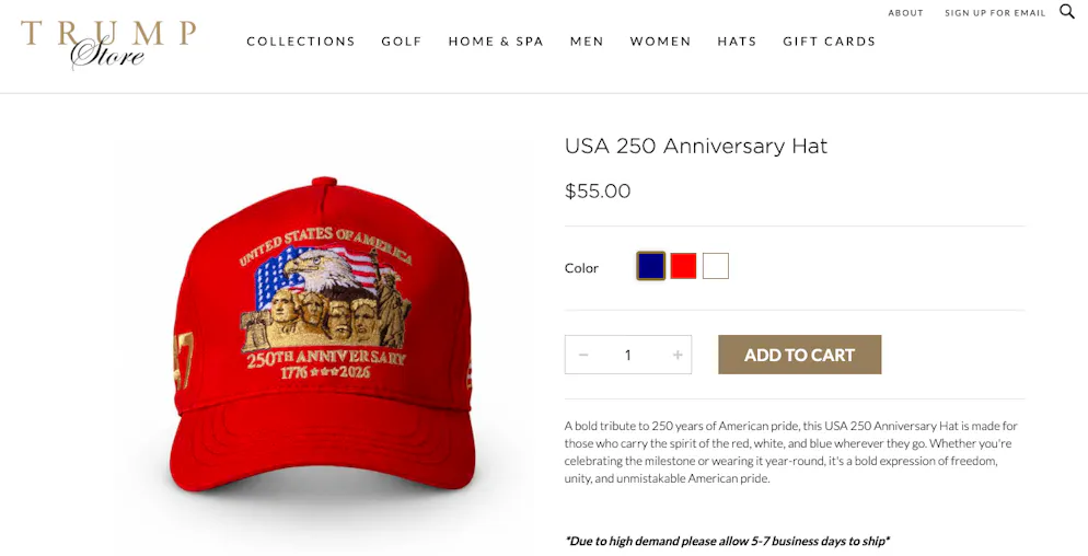 Zum Vergleich: Das ikonische Cap der New York Yankees kostet hierzulande nur halb so viel wie Trumps Jubiläumsmütze.