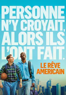 Une affiche verticale sur fond de ciel bleu clair. En haut, une grande inscription en lettres blanches capitales indique : 