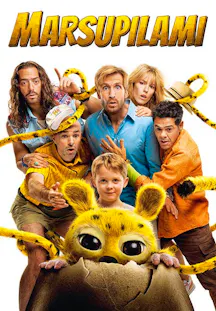 Une affiche sur fond blanc montrant un groupe d'acteurs, dont Jamel Debbouze et Alain Chabat, avec des expressions surprises et effrayées. Ils sont tous encerclés et emmêlés par la très longue queue jaune et tachetée du Marsupilami. Au premier plan, la créature jaune et pelucheuse sort d'un gros œuf brisé aux côtés d'un petit garçon souriant. En haut, le titre 