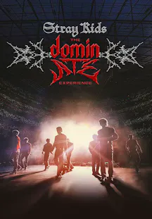 Ein vertikales Plakat, das eine Boyband als Silhouetten von hinten auf einer Konzertbühne zeigt. Die Bandmitglieder blicken in ein riesiges, hell erleuchtetes Stadion voller Fans. Im oberen Bereich steht in altenglischer Schrift 