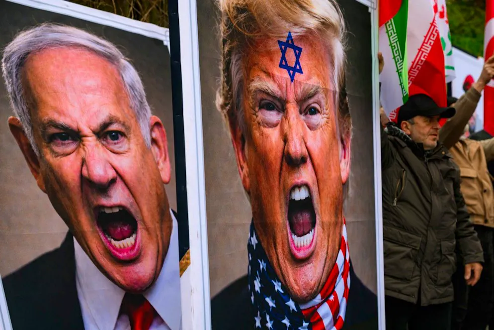 Protesters hold pictures showing US President Donald Trump and Israeli Prime Minister Benjamin Netanyahu during an anti USA demonstration in front of the US consulate in Istanbul, on Febuary 1, 2026. (Photo by Yasin AKGUL / AFP)