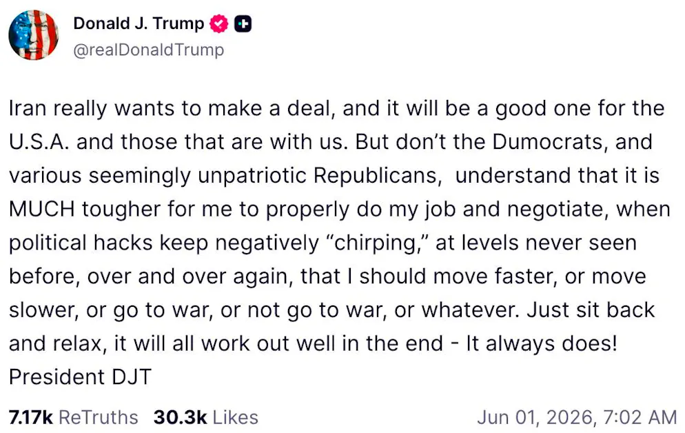 Il post di Trump del 1° giugno.