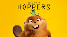 Offizielles Teaser-Bild zum Disney Pixar Animationsfilm Hoppers auf gelbem Hintergrund. Zu sehen ist ein freundlich grinsender Biber mit großen Augen, auf dessen Kopf ein kleiner, grüner Frosch sitzt.