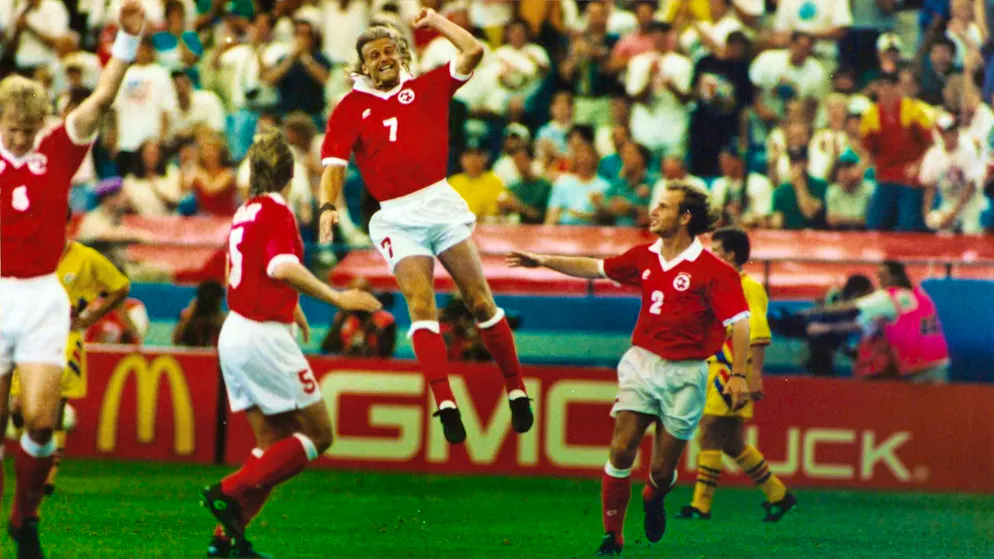 Alain Sutter celebrates his remarkable goal against Romania on June 22, 1994.