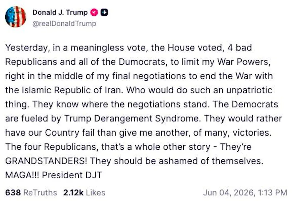 The latest Truth social post from Donald Trump.