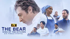 Offizielles Poster zur finalen Staffel von The Bear: King of the Kitchen mit Hauptdarsteller Jeremy Allen White als Carmy Berzatto im Profil und dem Küchenteam im Hintergrund.