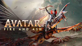 Offizielles Poster zum Film Avatar: Fire and Ash. Zu sehen ist eine Na'vi-Figur, die auf einer geflügelten Kreatur durch eine von Asche und Funken erfüllte Luft fliegt, während im Hintergrund eine düstere, brennende Landschaft zu erkennen ist.