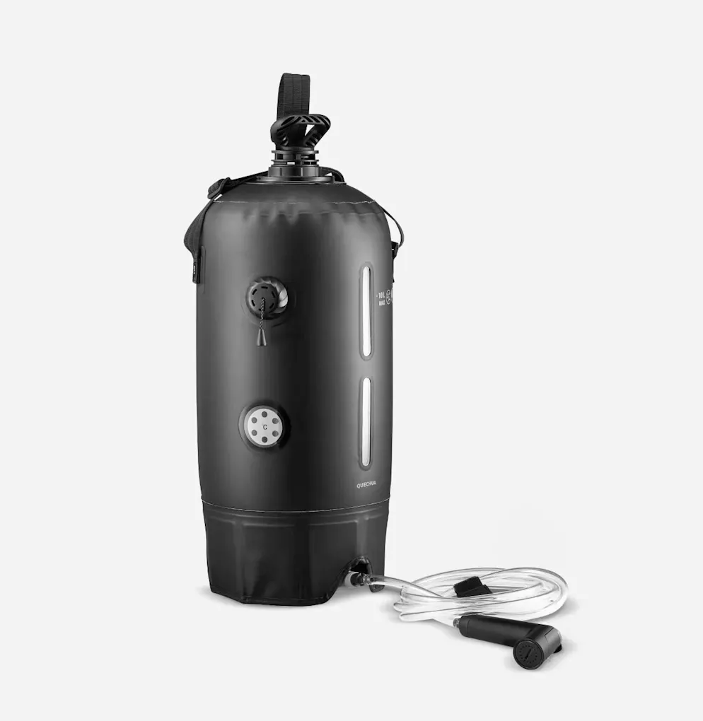 The Quechua solar shower from Decathlon. It can be used for warm showers.
