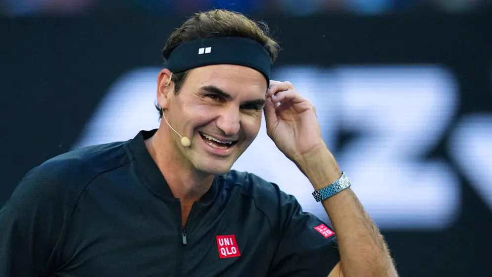 Exhibition. Roger Federer serves in New York