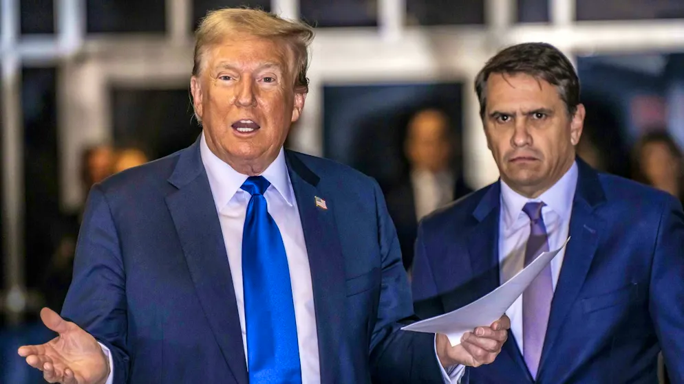Defense attorney Todd Blanche (right) with his client Donald Trump during the hush money trial against Trump, who was no longer in office at the time. (May 30, 2024)