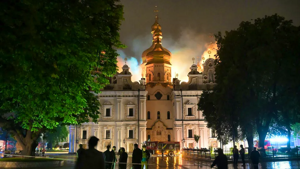 The roof of the Cave Monastery in Kyiv is on fire early Monday morning.