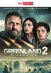 Filmposter zu «Greenland 2. Migration» mit einer Familie vor einer Landschaft und herabstürzenden Meteoriten.