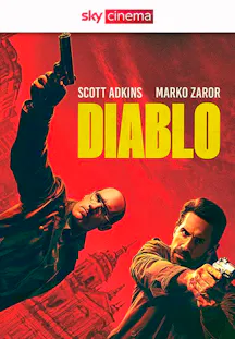 Filmposter zum Actionfilm «Diablo» mit zwei bewaffneten Männern vor rotem Hintergrund.