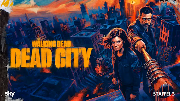 Key Art zur Horrorserie «The Walking Dead: Dead City» mit den Hauptfiguren vor der zerstörten Skyline von New York.