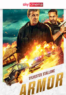 Filmposter zu «Armor» mit Sylvester Stallone und einem weiteren Einsatzleiter vor einer Explosion.
