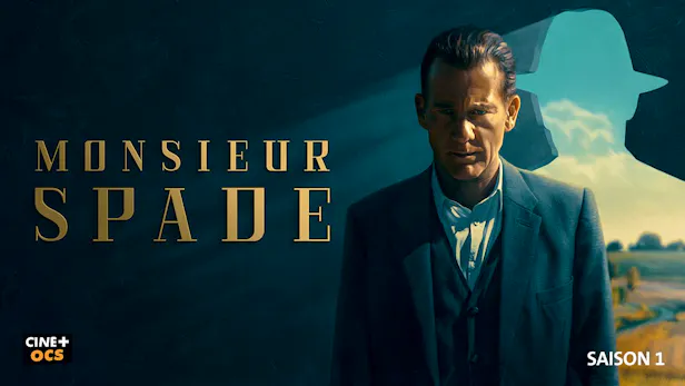 Key Art zur Krimiserie «Monsieur Spade» mit der Hauptfigur vor einer stilisierten Landschaft.