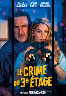 Filmposter zum Thriller «Le Crime du 3e Étage» mit zwei Personen, einem Fernglas und einer geheimnisvollen Szene im Hintergrund.