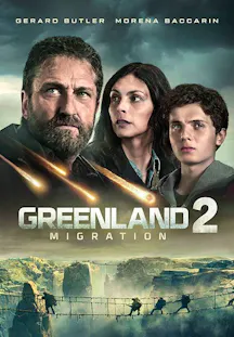 Filmposter zu «Greenland 2. Migration» mit einer Familie vor einer Landschaft und herabstürzenden Meteoriten.