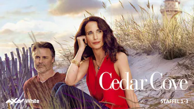Key Art zur Dramaserie «Cedar Cove» mit den Hauptfiguren an einem Strand in idyllischer Küstenlandschaft.
