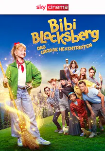 Filmposter zu «Bibi Blocksberg. Das grosse Hexentreffen» mit Bibi, ihren Freunden und einem Hexenbesen.