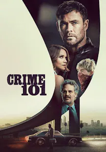Filmposter zu «Crime 101» mit Chris Hemsworth und weiteren Hauptfiguren vor einer Stadtkulisse.