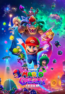 Filmposter zu «Super Mario Galaxy. Le Film» mit Mario, Bowser, Prinzessin Peach, Rosalina und weiteren Figuren im Weltraum.