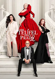 Filmposter zu «Der Teufel trägt Prada 2» mit Miranda Priestly, Andy Sachs, Emily Charlton und Nigel Kipling auf einer grossen Marmortreppe.