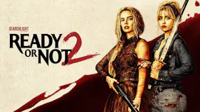 Key Visual zum Horrorfilm «Ready or Not 2» mit zwei bewaffneten Frauen vor blutrotem Hintergrund.