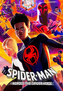 Poster zu Spider-Man Across the Spider-Verse mit Miles Morales, Gwen Stacy und Spider-Man 2099 im Multiversum.