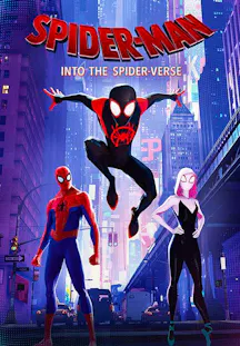Miles Morales springt dynamisch zwischen Peter B. Parker und Gwen Stacy vor einer Stadtkulisse in Spider-Man Into the Spider-Verse.
