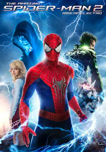 Filmplakat von The Amazing Spider-Man 2 Rise of Electro mit Spider-Man, Electro, Green Goblin, Gwen Stacy und Rhino.