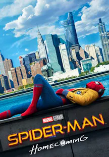 Spider-Man liegt entspannt mit Schuljacke und Kopfhörern am Ufer vor der Skyline von New York City mit dem Avengers Tower. (
