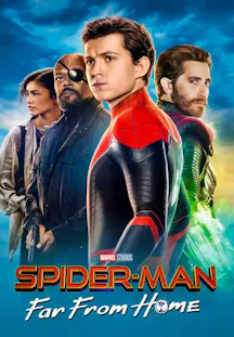Filmplakat zu Spider-Man Far From Home mit Tom Holland, Nick Fury, Mysterio und MJ vor dramatischem Himmel.