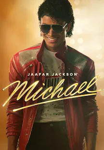 Jaafar Jackson als Michael Jackson im roten Lederoutfit und mit Sonnenbrille.