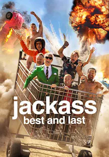 Jackass-Crew jubelt in einem riesigen Einkaufswagen vor einer Explosion.