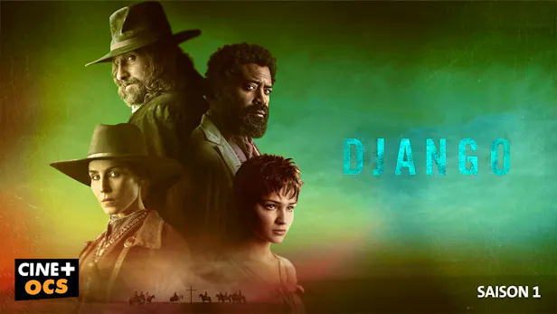 Hauptdarsteller der Westernserie Django mit Cowboyhüten vor grünem Hintergrund.