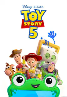 Woody, Buzz, Jessie und Slinky schauen erschrocken hinter ein grünes Kinder-Tablet.