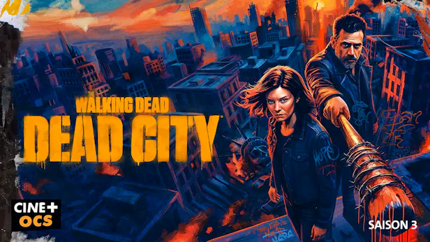 Maggie und Negan mit umwickeltem Baseballschläger vor brennender Skyline.