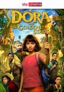 Dora steht mit einer Fackel vor einem Dschungel-Portal, umgeben von Gefährten und Affe Boots.
