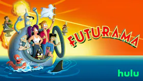 Futurama-Charaktere wie Fry, Leela, Bender und Zoidberg auf einem beschädigten U-Boot im Meer mit Hulu-Logo.
