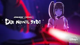 Anime-Figur aus Star Wars Visionen: Die Neunte Jedi blickt entschlossen mit einem leuchtenden Lichtschwert im Vordergrund.
