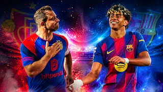 Xherdan Shaqiri im Trikot des FC Basel und Lamine Yamal im Trikot des FC Barcelona vor einem leuchtenden Stadionhintergrund mit den Vereinslogos.