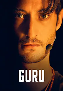 Filmplakat zu «Guru» mit dem Nahporträt eines Mannes, der ein Headset mit Mikrofon trägt.