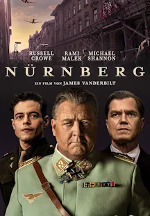 Filmplakat zu «Nürnberg» mit drei Männern vor einer historischen Strassenszene und Militärflugzeugen am Himmel.