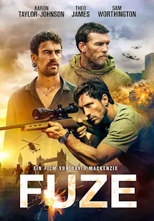 Filmplakat zu «Fuze» mit drei Männern vor einer von Explosionen und Hubschraubern geprägten Kulisse.