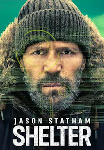 Affiche de «Shelter» montrant en gros plan un homme barbu portant un bonnet, avec des éléments graphiques verts superposés à son visage.