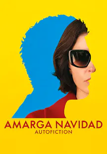 Affiche de «Amarga Navidad» avec le profil d’une femme portant de grandes lunettes noires sur un fond jaune et bleu.
