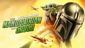 Filmmotiv zu «The Mandalorian and Grogu» mit dem Mandalorianer und Grogu, umgeben von mehreren Raumschiffen.