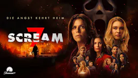 Filmmotiv zu «Scream 7» mit mehreren Figuren vor einem brennenden Haus und der Ghostface Maske im Hintergrund.