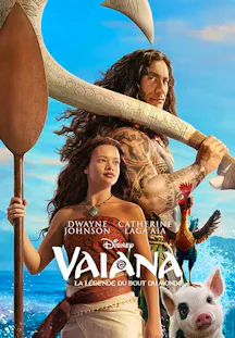 Affiche de «Vaiana» avec Vaiana et Maui sur l’océan, accompagnés d’un coq et d’un cochon.